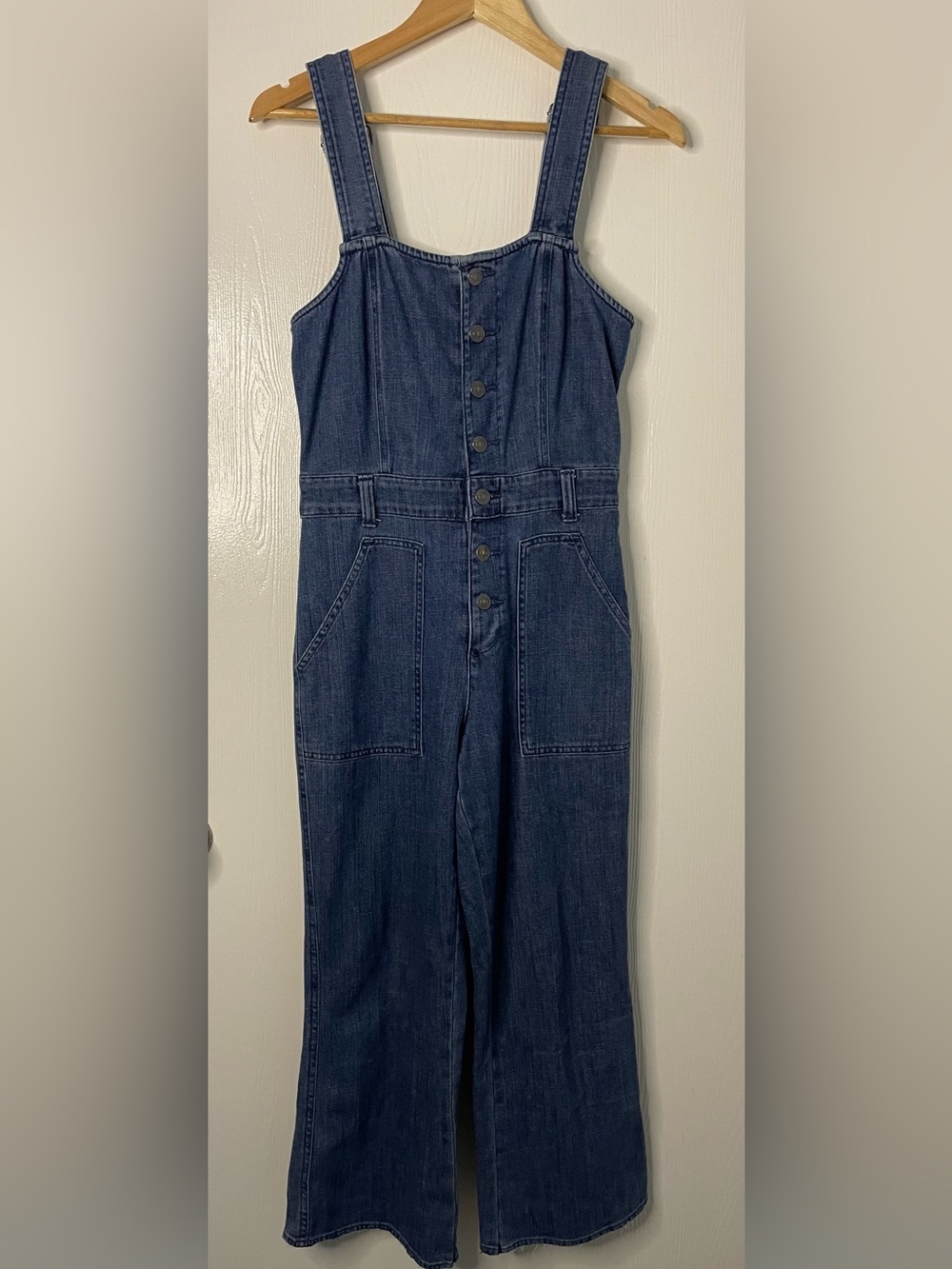 Aerie Denim Jumpsuit Small Wide Leg Button Front Utility Overalls Blue